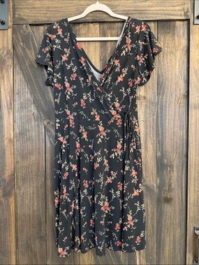 Kaileigh Black Floral Wrap Midi Dress with Red Blossoms